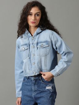 SHOWOFFFF - Womens Solid Blue Hooded Regular Denim Jacket