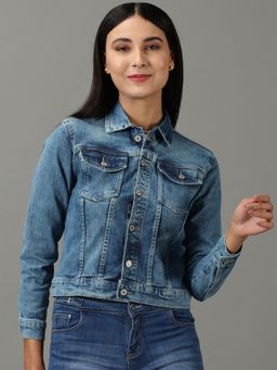 SHOWOFFFF - Womens Solid Blue Spread Collar Regular Denim Jacket