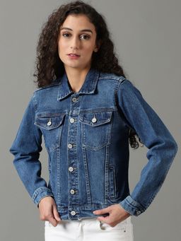 SHOWOFFFF - Womens Solid Navy Blue Spread Collar Regular Denim Jacket