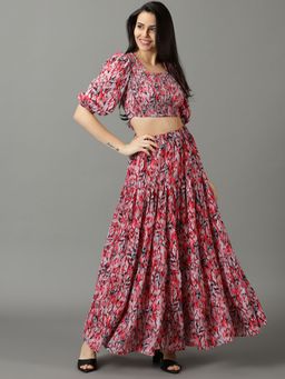 SHOWOFF - Womens Square Neck Printed Short Sleeves Pink Co-Ord (Set of 2)