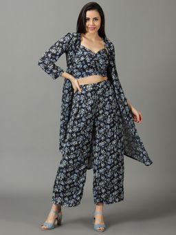 SHOWOFFFF - Womens Shoulder Straps Printed Navy Blue Co-Ord (Set of 3)