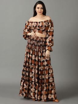 SHOWOFF - Womens Off-Shoulder Printed Long Sleeves Brown Co-Ord (Set of 2)