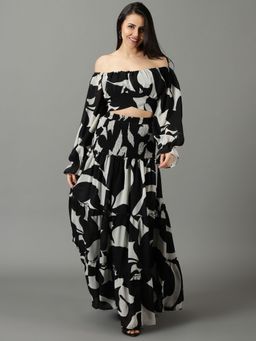 SHOWOFFFF - Womens Off-Shoulder Printed Long Sleeves Black Co-Ord (Set of 2)