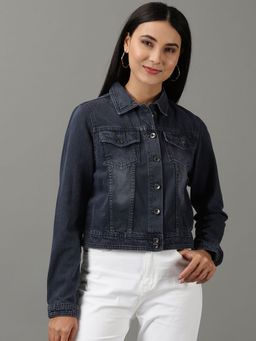 SHOWOFFFF - Womens Solid Navy Blue Spread Collar Regular Denim Jacket