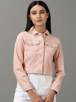 SHOWOFF - Womens Solid Peach Spread Collar Regular Denim Jacket