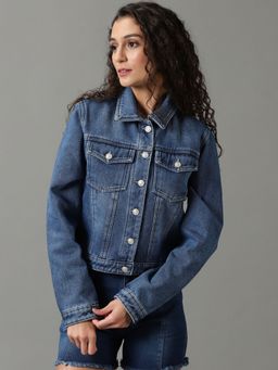 SHOWOFFFF - Womens Solid Blue Spread Collar Regular Denim Jacket