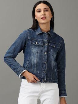 SHOWOFFFF - Womens Solid Navy Blue Spread Collar Regular Denim Jacket
