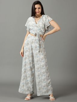 SHOWOFF - Womens V-Neck Printed Short Sleeves White Co-Ord (Set of 2)