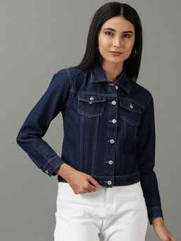SHOWOFFFF - Womens Solid Navy Blue Spread Collar Regular Denim Jacket