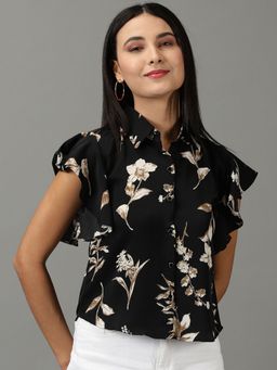 SHOWOFF - Womens Spread Collar Printed Black Shirt