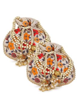 Anekaant - Dangle Cream & Multi-Color Floral Embroidered Faux Silk Potlis Combo (Pack Of 2)