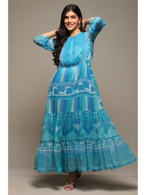 Blue Floral Printed Tired Dress for Women