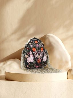 Anekaant - Pochette Black & Multi Floral Embroidered Embellished Faux Silk & Velvet Clutch