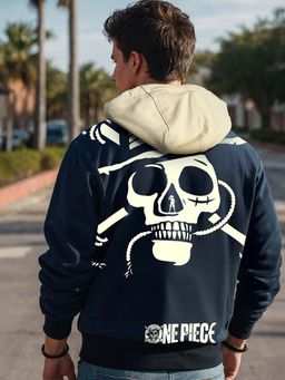 Bewakoof - Heavy Duty 1.0 One Piece Men's Blue & Beige Graphic Printed Oversized Hoodies