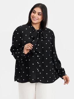 Virgio - Black Viscose Polka Dot Tie-Up Neck Top for Women