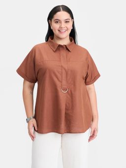 Virgio - Brown Solid Linen D-Ring Utility Collared Top for Women