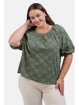 Virgio - Olive Self Design Cotton Schiffli Raglan Top for Women