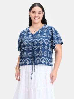 Virgio - Blue Embroidery Cotton Cropped Tie-Up Top for Women