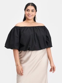 Virgio - Black Solid Cotton Off-Shoulder Bubble Crop Top for Women
