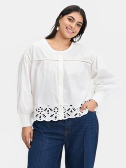 Virgio - White Solid Cotton Scallop Top for Women