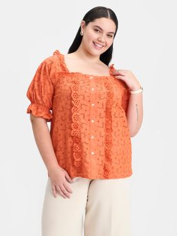 Virgio - Orange Embroidery Cotton Puff Sleeve Lace Top for Women