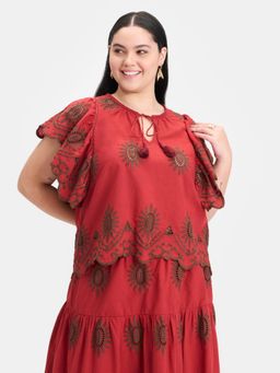 Virgio - Red Embroidery Cotton Schiffli Tie-Up Top for Women
