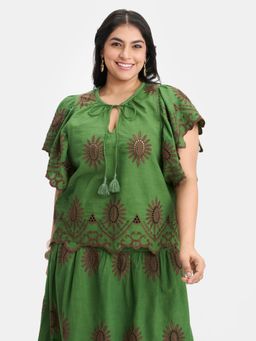 Virgio - Green Embroidery Cotton Schiffli Tie-Up Top for Women