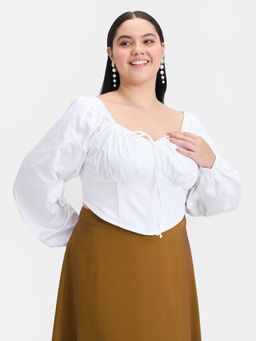 Virgio - Solid Cotton Ruched Blouson Sleeve Crop Top for Women