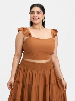 Virgio - Solid Bubble Crepe Ruffle Strap Crop Top for Women