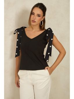 Virgio - Solid Cotton Black Knit Top