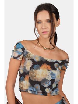 Virgio - Black Abstract Mesh Floral Printed Fitted Top for Women
