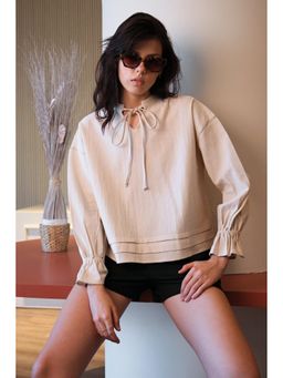 Virgio - Beige Solid Cotton Lace Detail Top with Blouson Sleeve for Women