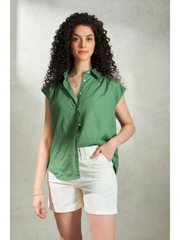 Virgio - Green Solid Linen Collared Shirt for Women