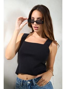 Virgio - Solid Cotton Black Tank Crop Top for Women