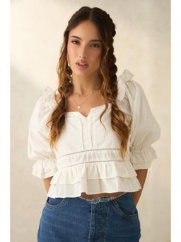 Virgio - Solid Cotton Ruffled Lace Crop Top for Women