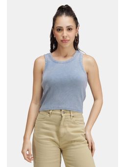 Virgio - Solid Cotton Blue Overdyed Ribbed Crop Top for Women