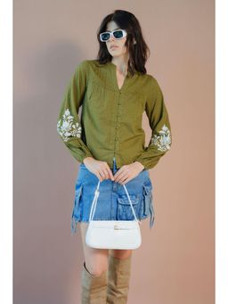 Virgio - Ethnic Motifs Cotton Embroidered Blouson Sleeve Top for Women