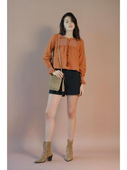 Virgio - Solid Cotton Balloon Sleeve Embroidered Top for Women