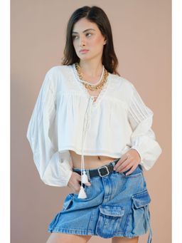 Virgio - Ethnic Motifs Cotton Long Sleeve Tie-Up Top for Women