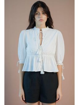 Virgio - Solid Cotton Peplum Waist Front-Tie Top for Women