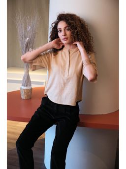 Virgio - Solid Linen Mandarin Collar Shirt Popover for Women