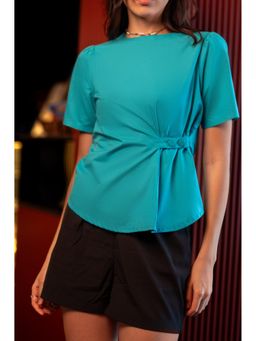 Virgio - Solid Cotton Side Popper Tab Detail Aqua Top for Women