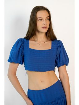 Virgio - Solid Viscose Dobby Puff Sleeve Smocked Top for Women