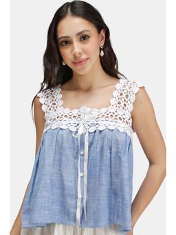 Virgio - Solid Cotton Lace Neck Baby Doll Top for Women