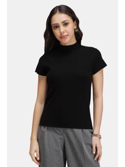 Virgio - Black Solid Viscose Mock Neck Contouring Knit Top for Women