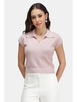 Virgio - Pink Solid Viscose Ribbed Knit Polo Crop Top for Women