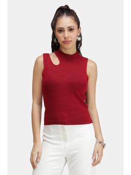 Virgio - Maroon Solid Viscose Asymmetric Cut-Out Flat Knit Top for Women