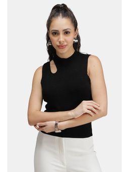 Virgio - Black Solid Viscose Asymmetric Cut-Out Flat Knit Top for Women