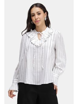 Virgio - Striped Linen Striped Ruffle Neck Top for Women