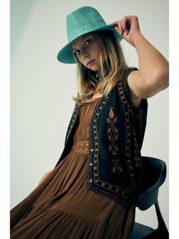 Virgio - Ethnic Motifs Cotton Waist Coat V-Neck with Embroidered Detail for Women